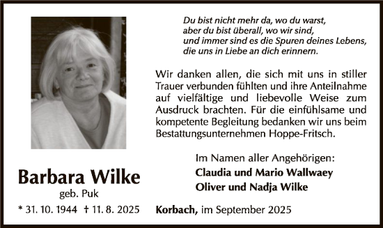 Traueranzeige von Barbara Wilke von WLZ