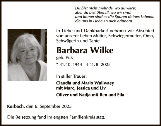 Traueranzeige von Barbara Wilke von WLZ