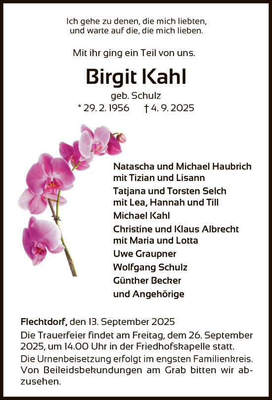 Traueranzeige von Birgit Kahl von WLZ