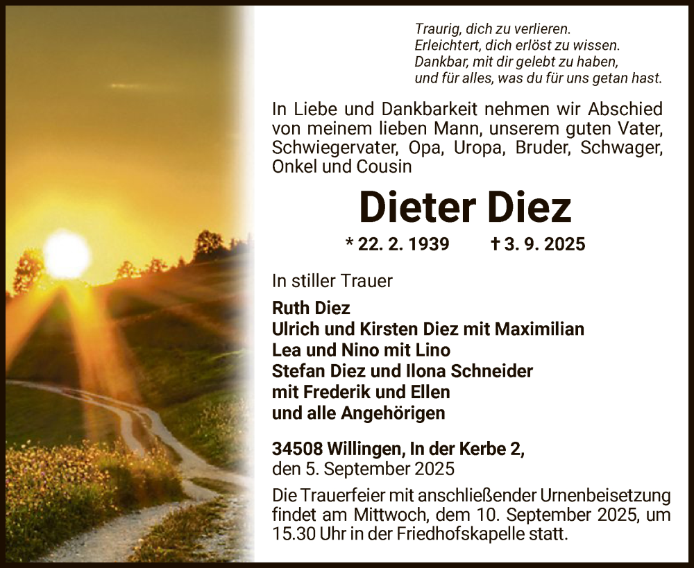  Traueranzeige für Dieter Diez vom 05.09.2025 aus WLZ