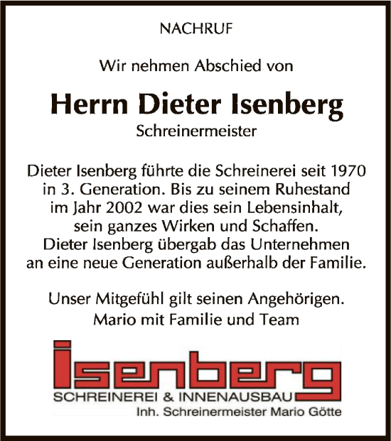 Traueranzeige von Dieter Isenberg von WLZ