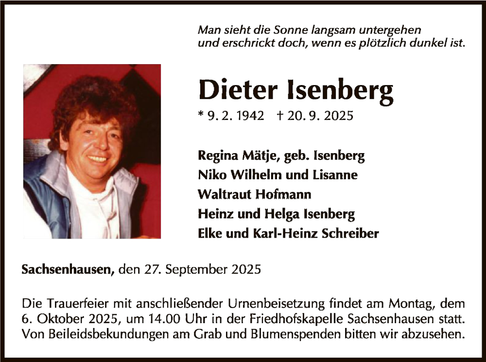  Traueranzeige für Dieter Isenberg vom 27.09.2025 aus WLZ