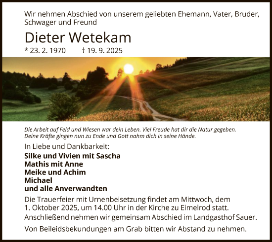 Traueranzeige von Dieter Wetekam von WLZ