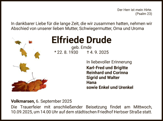 Traueranzeige von Elfriede Drude von WLZ