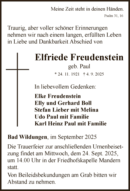 Traueranzeige von Elfriede Freudenstein von WLZ