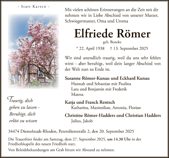 Traueranzeige von Elfriede Römer von WLZ