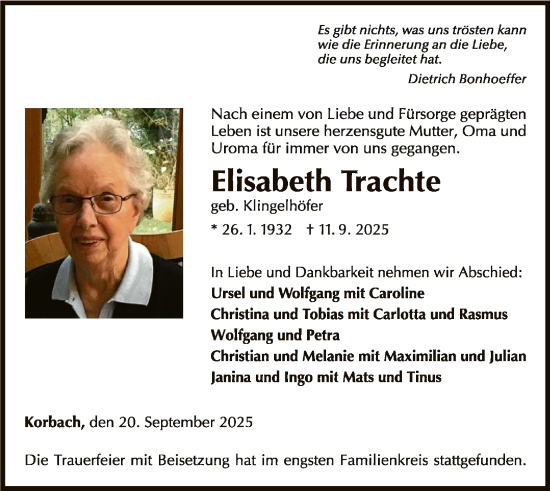 Traueranzeige von Elisabeth Trachte von WLZ
