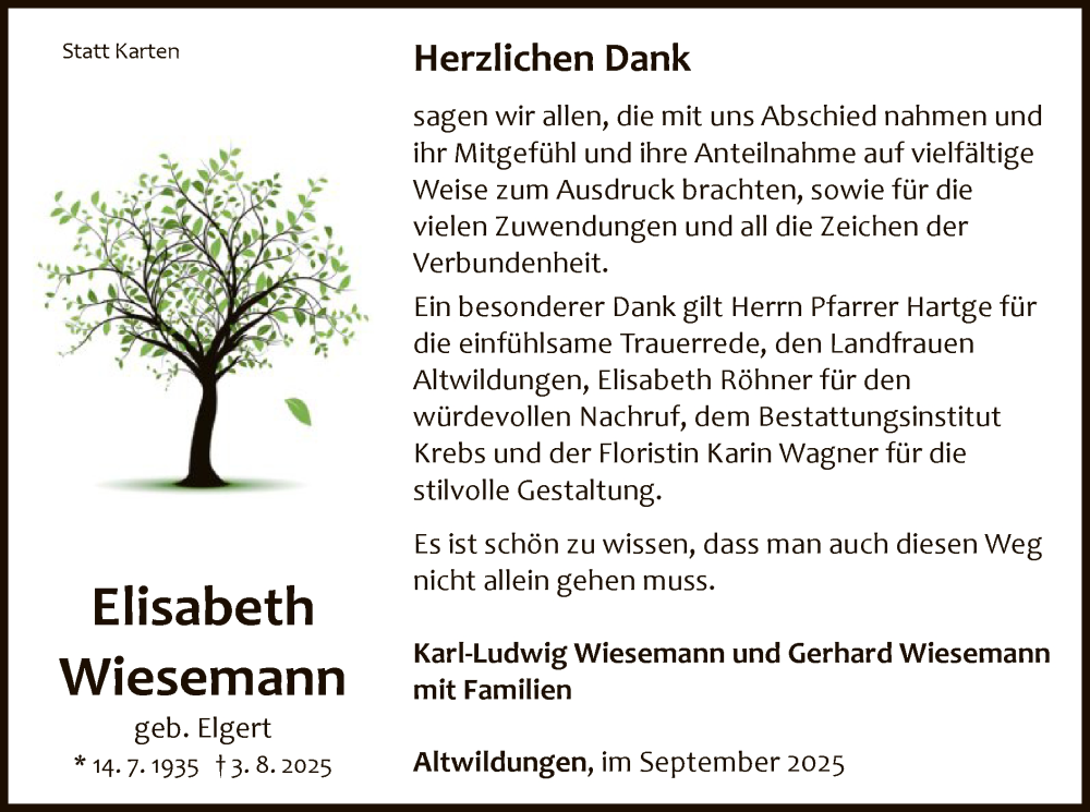  Traueranzeige für Elisabeth Wiesemann vom 06.09.2025 aus WLZ