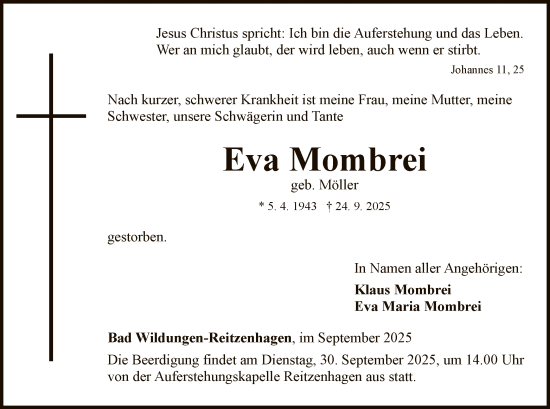 Traueranzeige von Eva Mombrei von WLZ