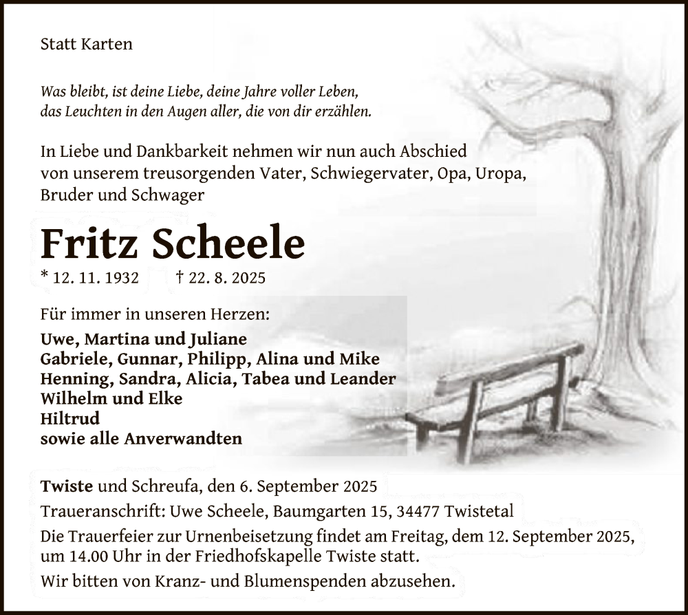  Traueranzeige für Fritz Scheele vom 06.09.2025 aus WLZHNA