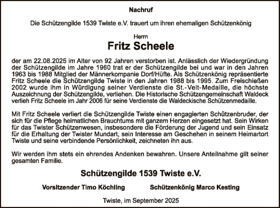 Traueranzeige von Fritz Scheele von WLZ
