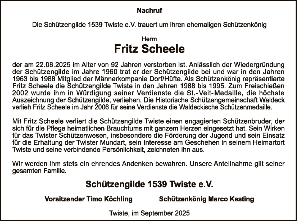  Traueranzeige für Fritz Scheele vom 06.09.2025 aus WLZ