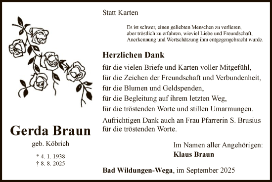 Traueranzeige von Gerda Braun von WLZ