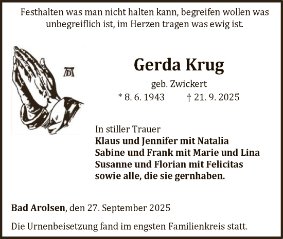 Traueranzeige von Gerda Krug von WLZ