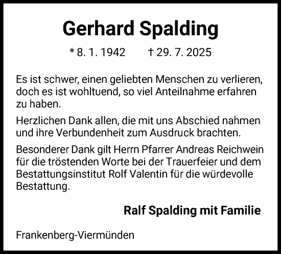 Traueranzeige von Gerhard Spalding von HNAWLZ
