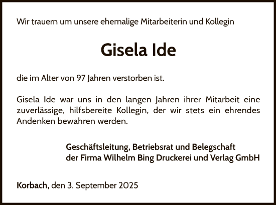 Traueranzeige von Gisela Ide von WLZ