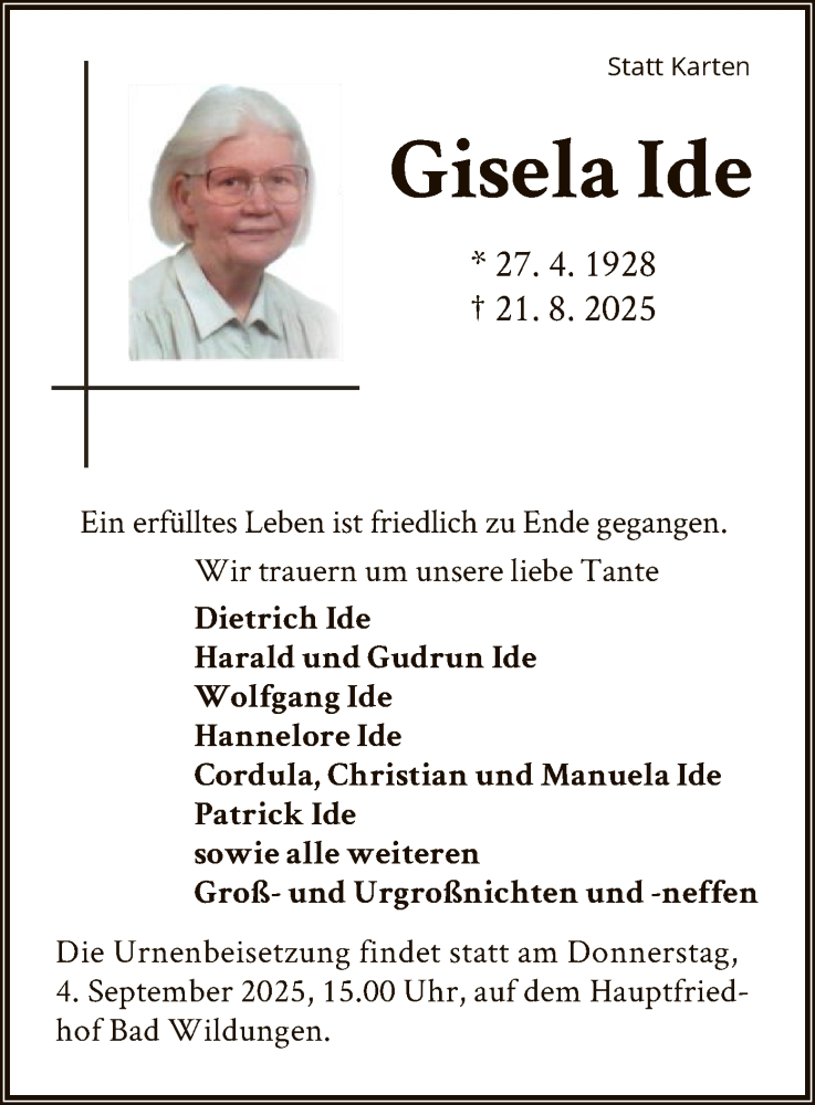  Traueranzeige für Gisela Ide vom 02.09.2025 aus WLZ