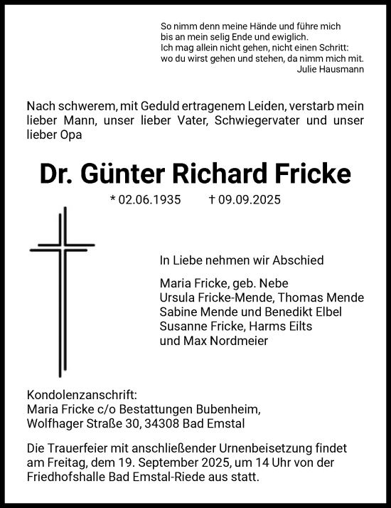Traueranzeige von Günter Richard Fricke von HNAWLZ