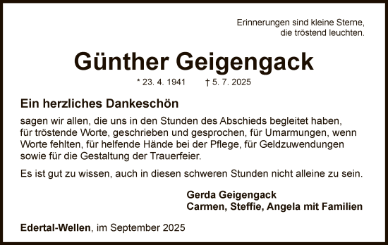 Traueranzeige von Günther Geigengack von WLZ