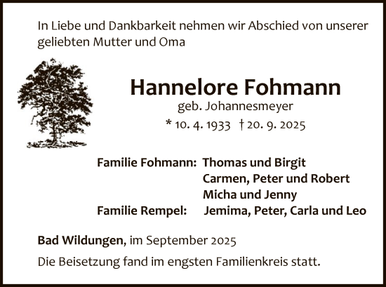 Traueranzeige von Hannelore Fohmann von WLZ