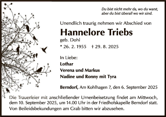 Traueranzeige von Hannelore Triebs von WLZ
