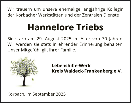 Traueranzeige von Hannelore Triebs von WLZ