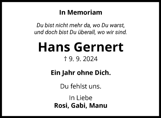Traueranzeige von Hans Gernert von WLZ