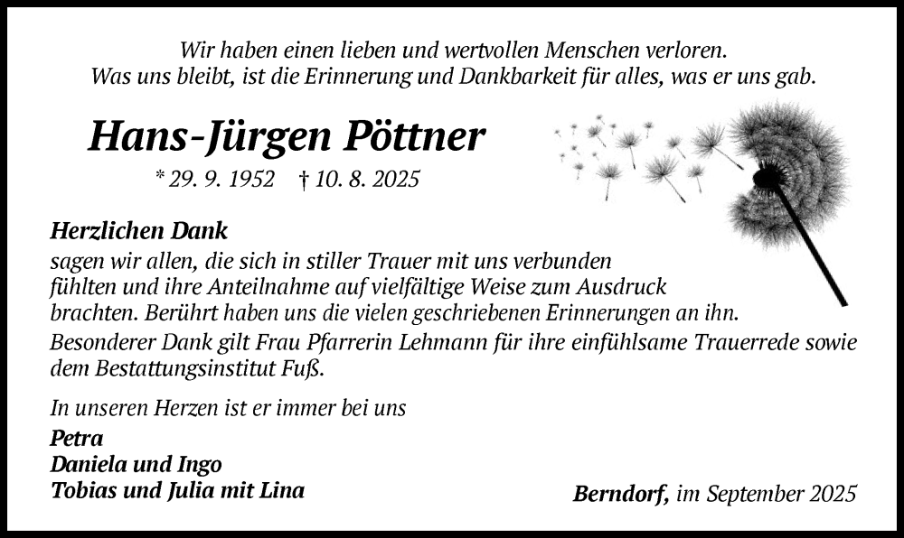  Traueranzeige für Hans-Jürgen Pöttner vom 13.09.2025 aus WLZ