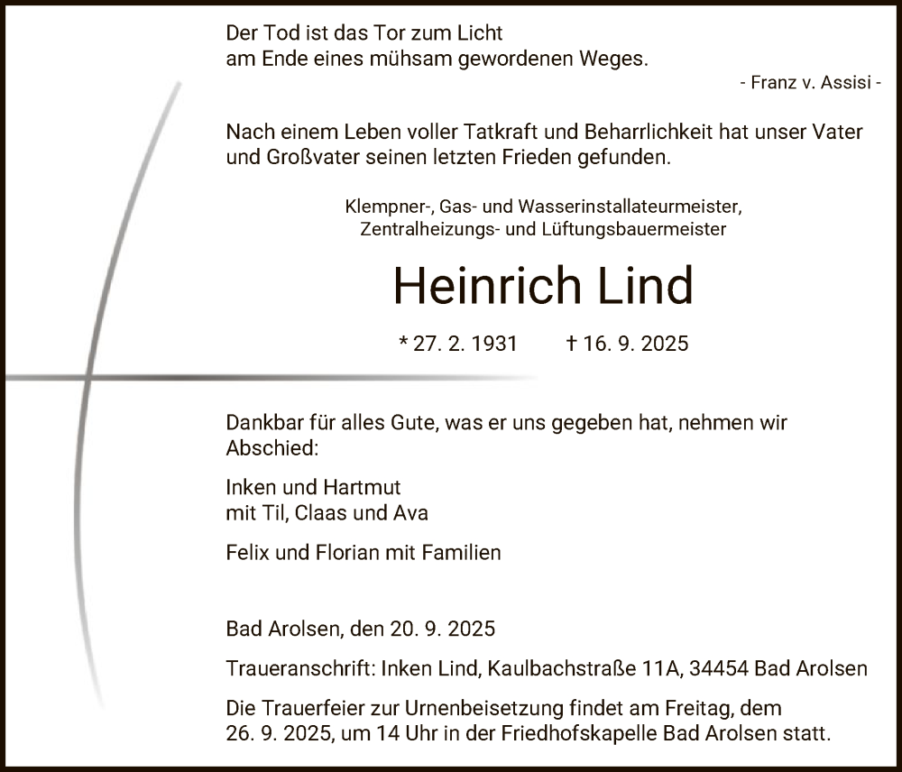  Traueranzeige für Heinrich Lind vom 20.09.2025 aus WLZ