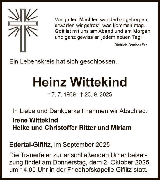 Traueranzeige von Heinz Wittekind von WLZ
