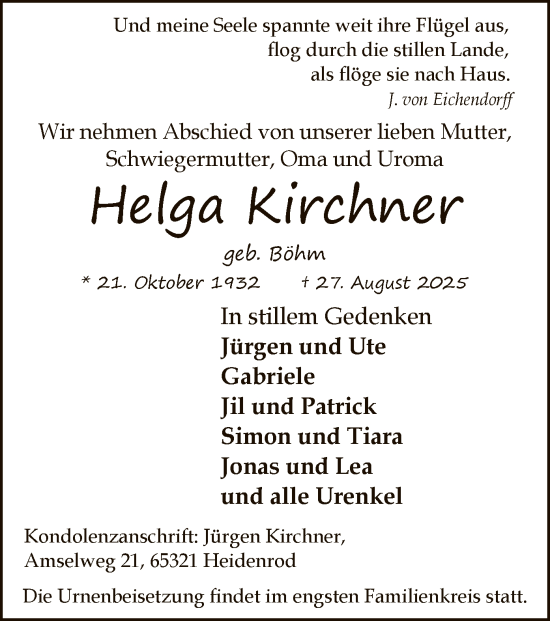Traueranzeige von Helga Kirchner von WLZ