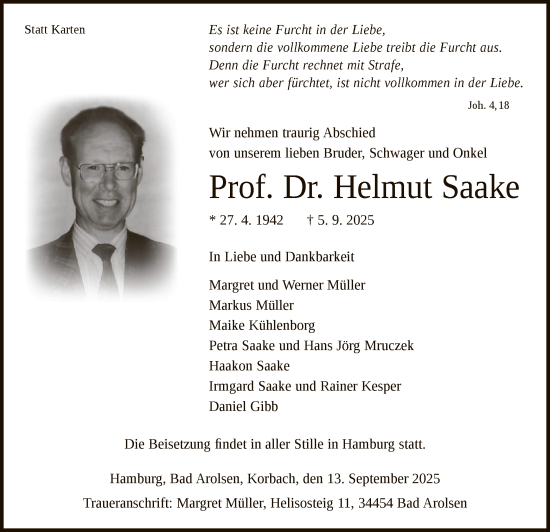 Traueranzeige von Helmut Saake von WLZ