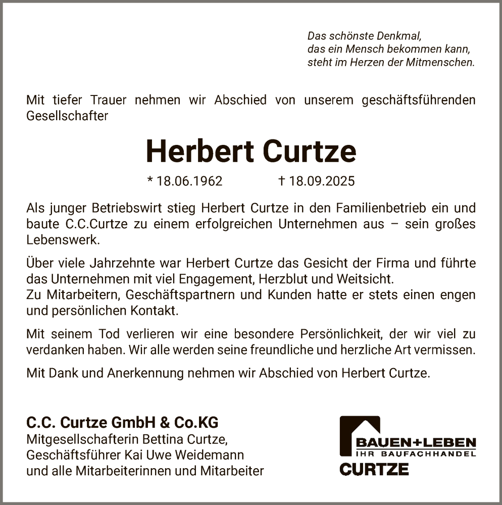  Traueranzeige für Herbert Curtze vom 27.09.2025 aus WLZHNA