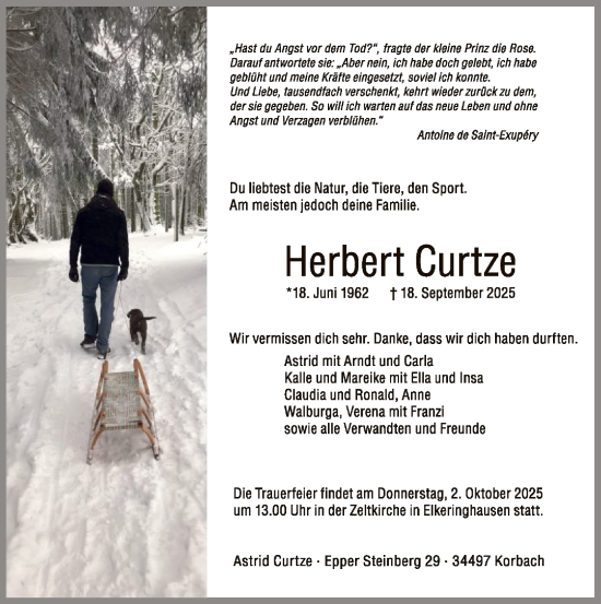 Traueranzeige von Herbert Curtze von WLZHNA