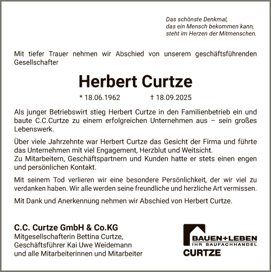 Traueranzeige von Herbert Curtze von WLZHNA