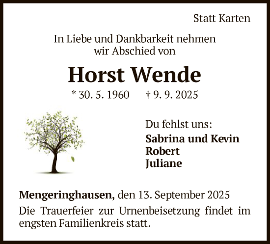 Traueranzeige von Horst Wende von WLZ