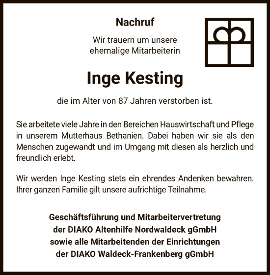 Traueranzeige von Inge Kesting von WLZ