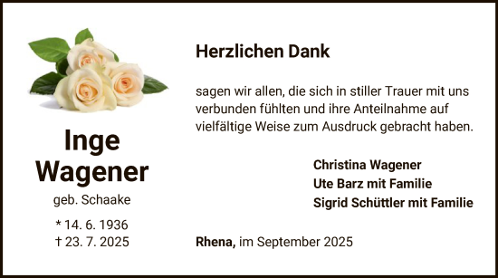 Traueranzeige von Inge Wagener von WLZ