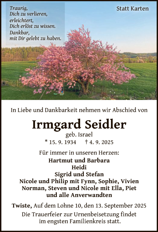 Traueranzeige von Irmgard Seidler von WLZ