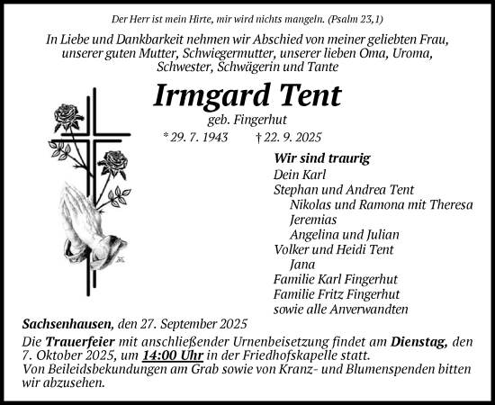Traueranzeige von Irmgard Tent von WLZ