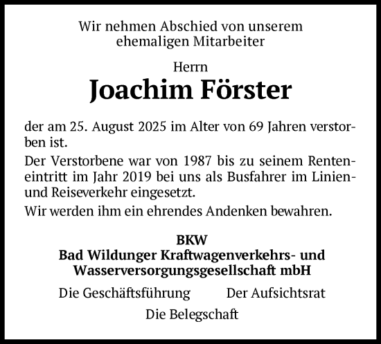 Traueranzeige von Joachim Förster von WLZ