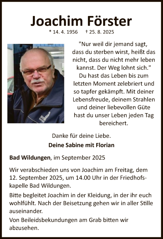 Traueranzeige von Joachim Förster von WLZ