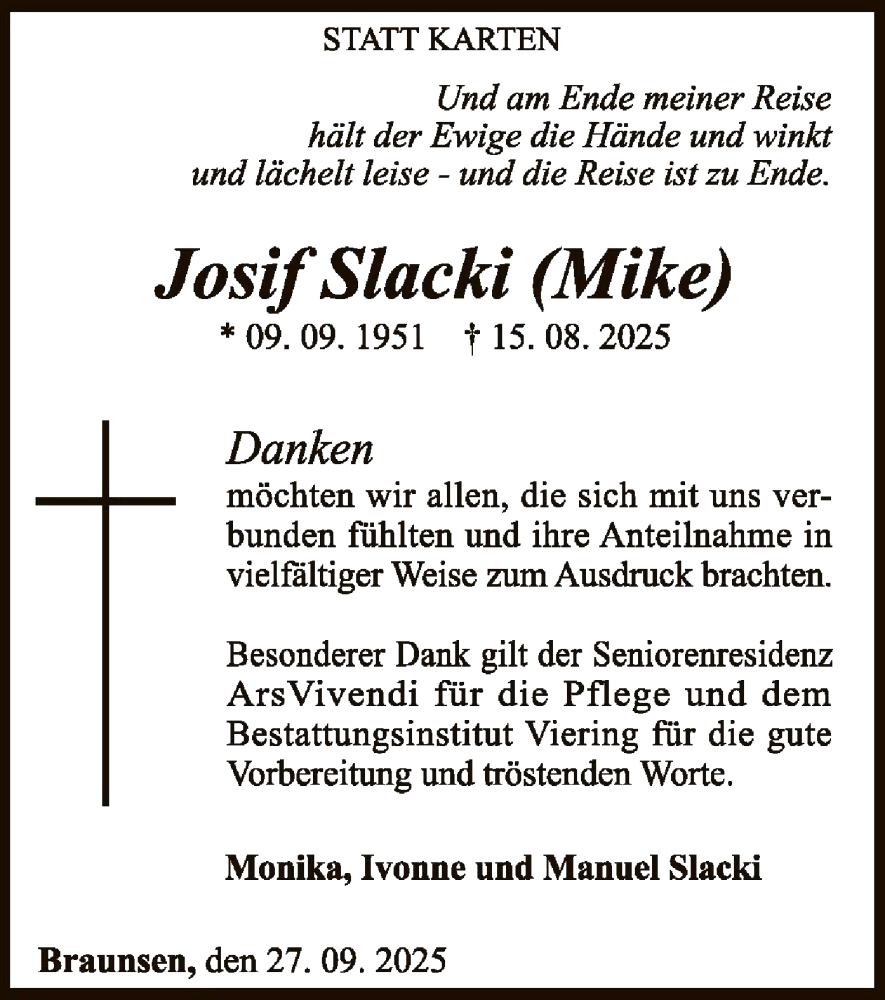  Traueranzeige für Josif Slacki vom 27.09.2025 aus WLZ