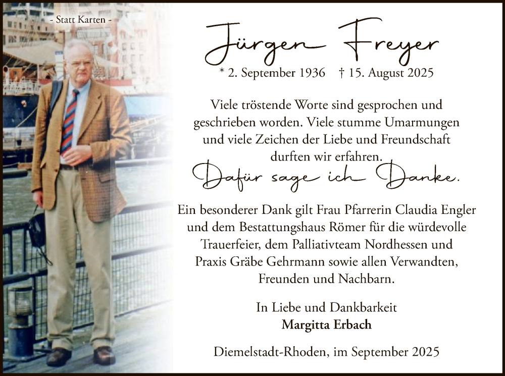  Traueranzeige für Jürgen Freyer vom 13.09.2025 aus WLZ