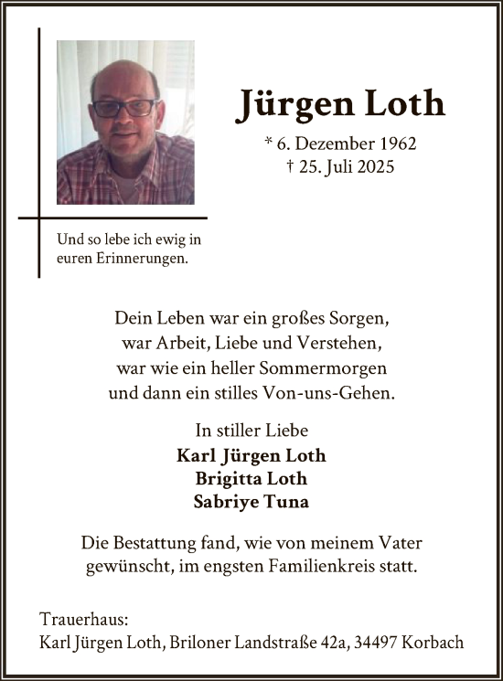 Traueranzeige von Jürgen Loth von WLZ