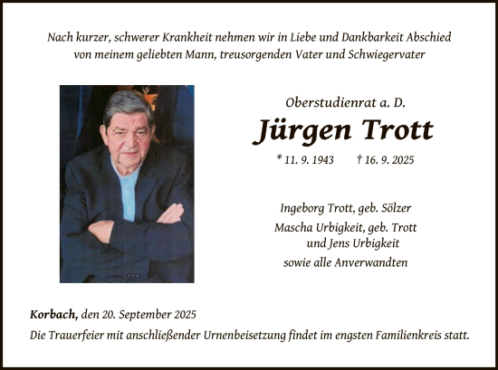 Traueranzeige von Jürgen Trott von WLZ