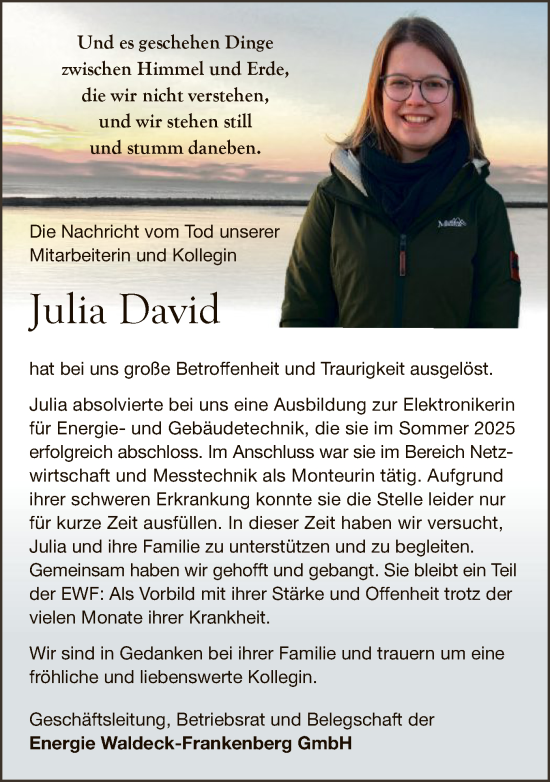 Traueranzeige von Julia David von WLZ