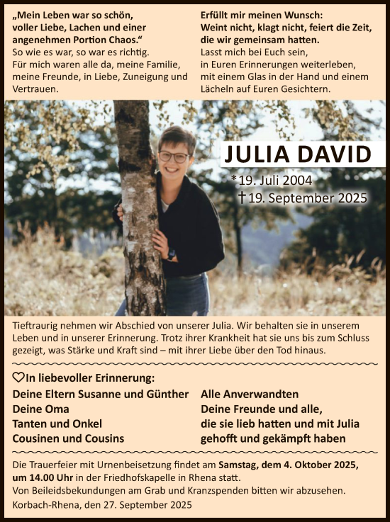 Traueranzeige von Julia David von WLZ