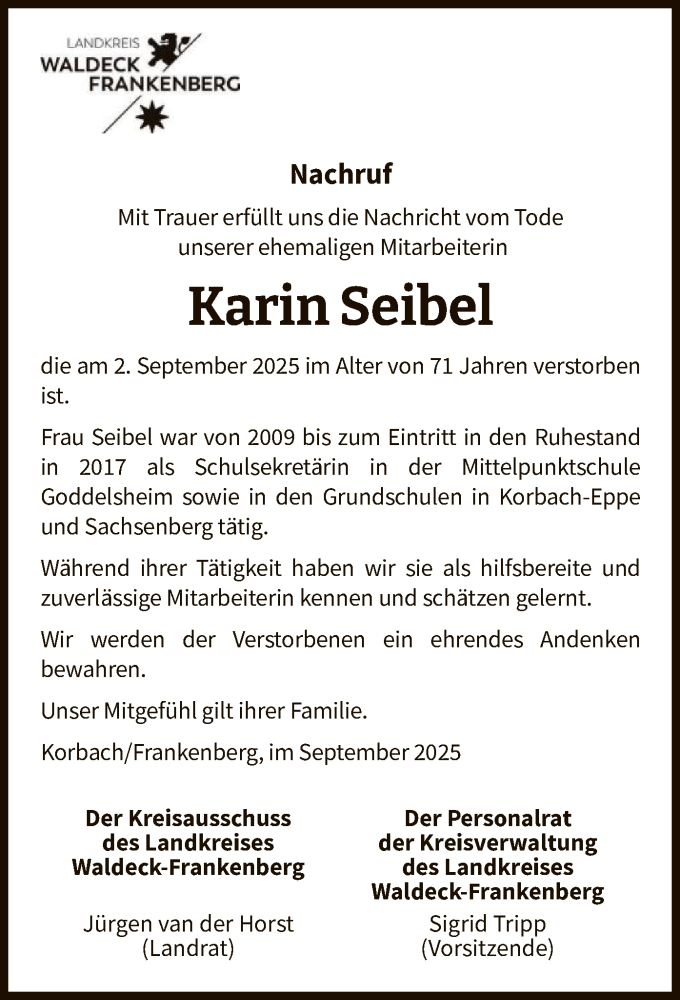  Traueranzeige für Karin Seibel vom 26.09.2025 aus WLZ