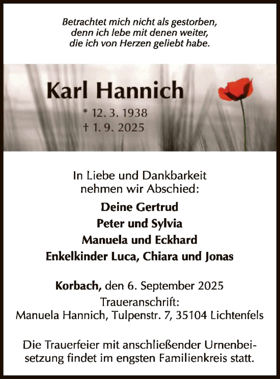 Traueranzeige von Karl Hannich von WLZ